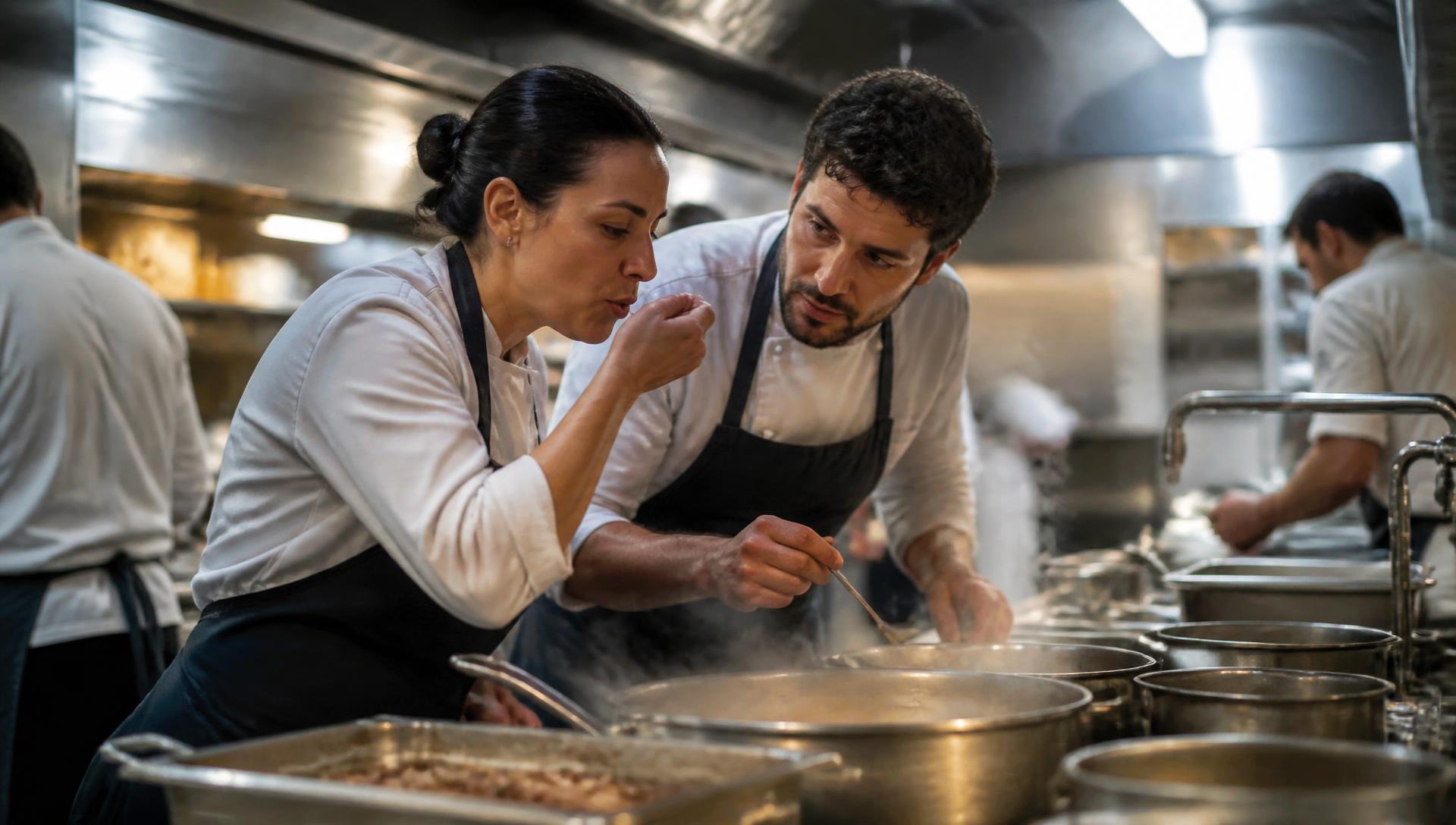 Two chefs tasting and collaborating in a professional kitchen